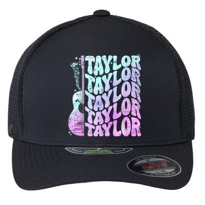 Girl Retro Taylor First Name Personalized Groovy 80S Pink Flexfit Unipanel Trucker Cap