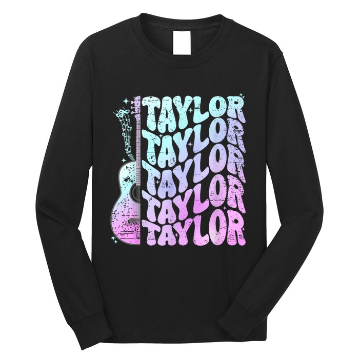 Girl Retro Taylor First Name Personalized Groovy 80S Pink Long Sleeve Shirt