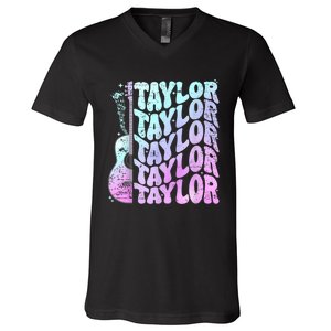 Girl Retro Taylor First Name Personalized Groovy 80S Pink V-Neck T-Shirt