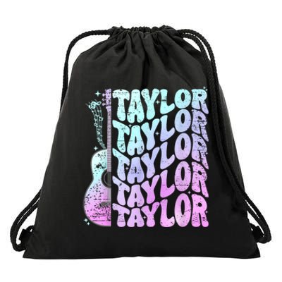 Girl Retro Taylor First Name Personalized Groovy 80S Pink Drawstring Bag