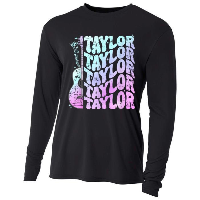 Girl Retro Taylor First Name Personalized Groovy 80S Pink Cooling Performance Long Sleeve Crew