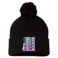 Girl Retro Taylor First Name Personalized Groovy 80S Pink Pom Pom 12in Knit Beanie