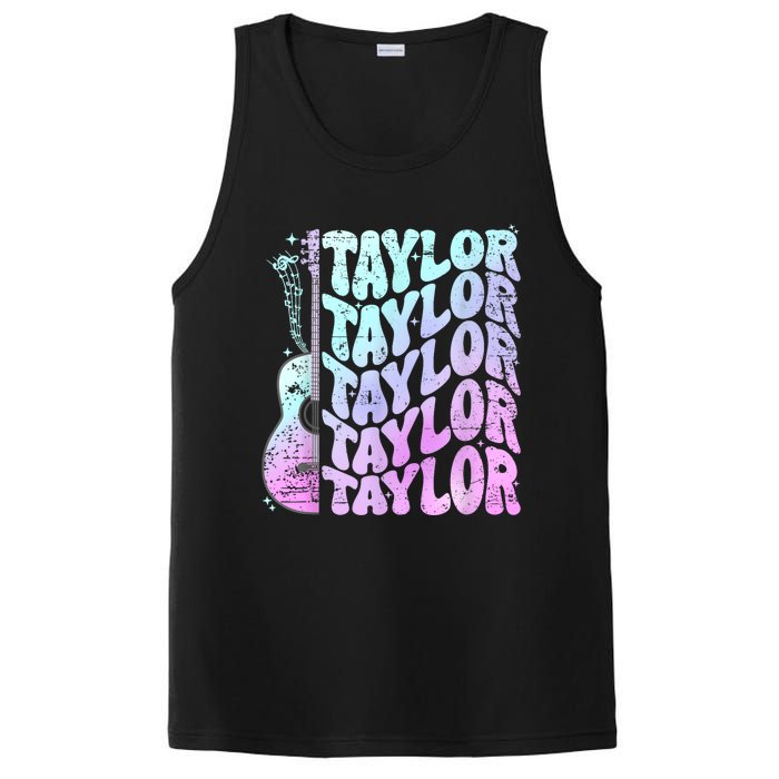 Girl Retro Taylor First Name Personalized Groovy 80S Pink PosiCharge Competitor Tank