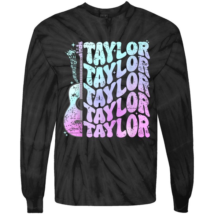 Girl Retro Taylor First Name Personalized Groovy 80S Pink Tie-Dye Long Sleeve Shirt