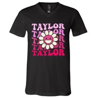 Girl Retro Taylor First Name Personalized V-Neck T-Shirt