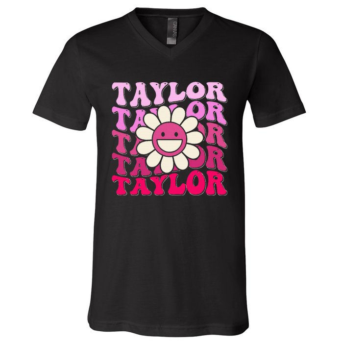 Girl Retro Taylor First Name Personalized V-Neck T-Shirt