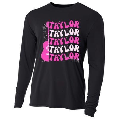 Girl Retro Taylor First Name Personalized Groovy Birthday Cooling Performance Long Sleeve Crew