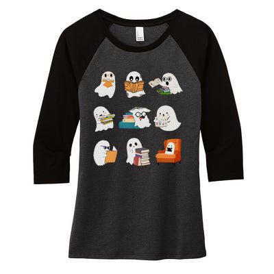 Ghost Reading Teacher Halloween Librarian Book Lover School Women's Tri-Blend 3/4-Sleeve Raglan Shirt