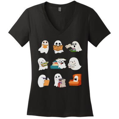 Ghost Reading Teacher Halloween Librarian Book Lover School Women's V-Neck T-Shirt