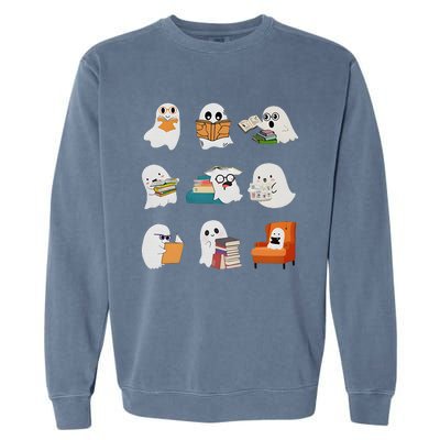 Ghost Reading Teacher Halloween Librarian Book Lover School Garment-Dyed Sweatshirt