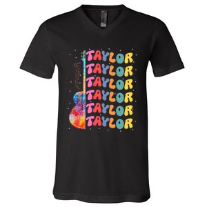 Girl Retro Taylor First Name Personalized Groovy 80S V-Neck T-Shirt