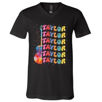 Girl Retro Taylor First Name Personalized Groovy 80S V-Neck T-Shirt