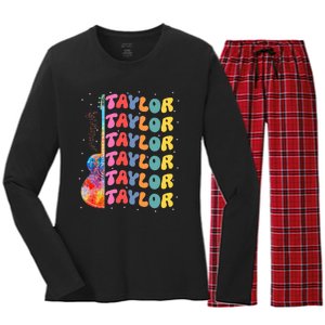 Girl Retro Taylor First Name Personalized Groovy 80S Women's Long Sleeve Flannel Pajama Set 