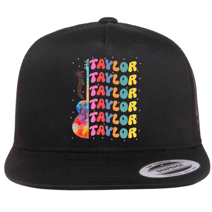 Girl Retro Taylor First Name Personalized Groovy 80S Flat Bill Trucker Hat