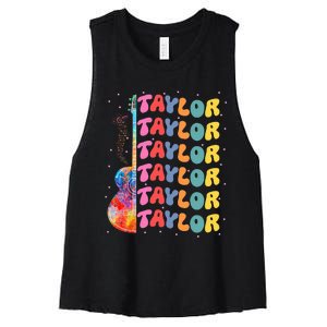 Girl Retro Taylor First Name Personalized Groovy 80S Women's Racerback Cropped Tank