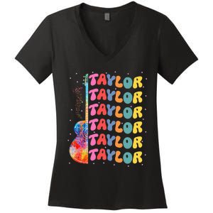 Girl Retro Taylor First Name Personalized Groovy 80S Women's V-Neck T-Shirt