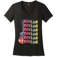 Girl Retro Taylor First Name Personalized Groovy 80S Women's V-Neck T-Shirt