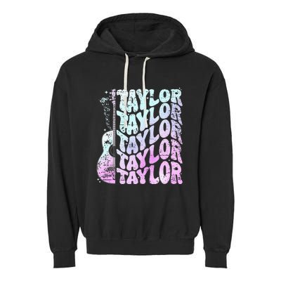 Girl Retro Taylor First Name Personalized Groovy 80S Pink Garment-Dyed Fleece Hoodie