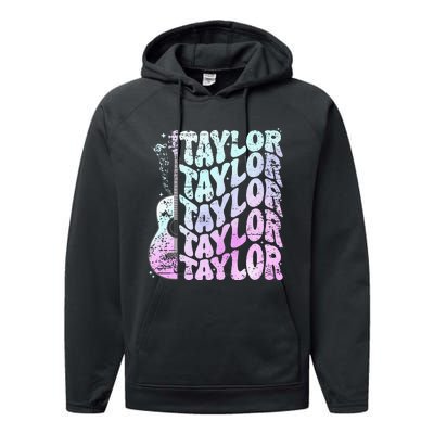 Girl Retro Taylor First Name Personalized Groovy 80S Pink Performance Fleece Hoodie