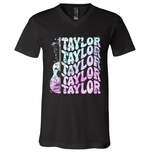 Girl Retro Taylor First Name Personalized Groovy 80S Pink V-Neck T-Shirt