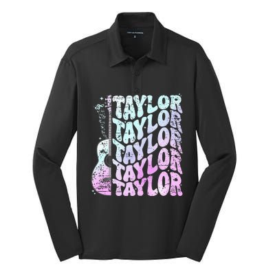 Girl Retro Taylor First Name Personalized Groovy 80S Pink Silk Touch Performance Long Sleeve Polo