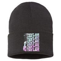 Girl Retro Taylor First Name Personalized Groovy 80S Pink Sustainable Knit Beanie