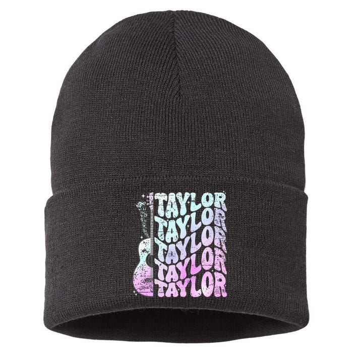 Girl Retro Taylor First Name Personalized Groovy 80S Pink Sustainable Knit Beanie