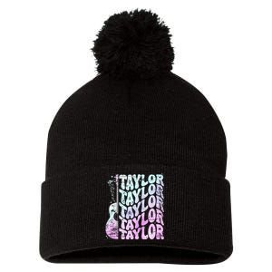 Girl Retro Taylor First Name Personalized Groovy 80S Pink Pom Pom 12in Knit Beanie