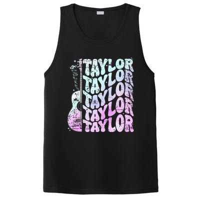 Girl Retro Taylor First Name Personalized Groovy 80S Pink PosiCharge Competitor Tank