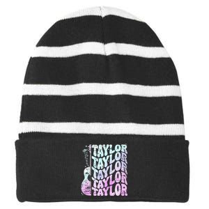 Girl Retro Taylor First Name Personalized Groovy 80S Pink Striped Beanie with Solid Band