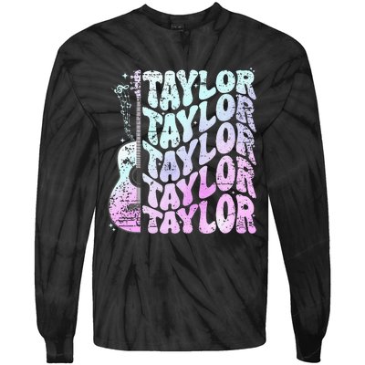 Girl Retro Taylor First Name Personalized Groovy 80S Pink Tie-Dye Long Sleeve Shirt