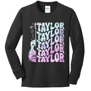 Girl Retro Taylor First Name Personalized Groovy 80S Pink Kids Long Sleeve Shirt