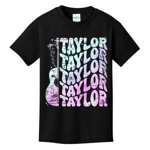 Girl Retro Taylor First Name Personalized Groovy 80S Pink Kids T-Shirt