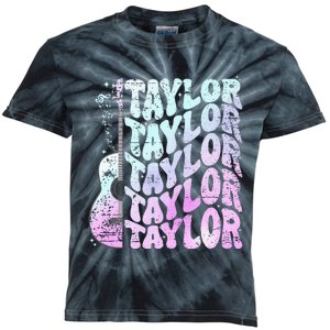 Girl Retro Taylor First Name Personalized Groovy 80S Pink Kids Tie-Dye T-Shirt