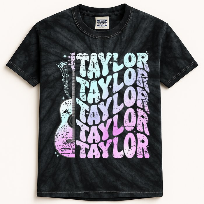 Girl Retro Taylor First Name Personalized Groovy 80S Pink Kids Tie-Dye T-Shirt