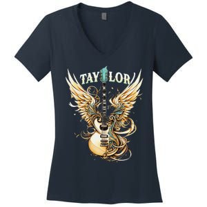 Girl Retro Taylor First Name Personalized Groovy 80S Women's V-Neck T-Shirt