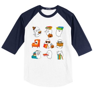 Ghost Reading Teacher Halloween Librarian Book Lover School Baseball Sleeve Shirt