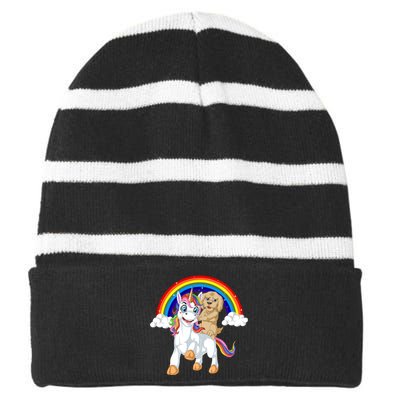 Goldendoodle Riding Unicorn Striped Beanie with Solid Band