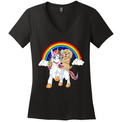 Goldendoodle Riding Unicorn Women's V-Neck T-Shirt