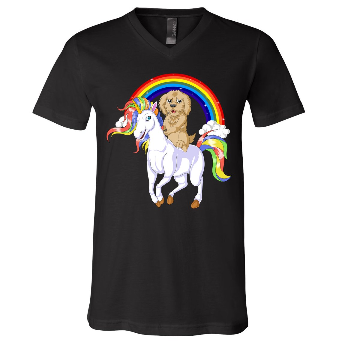 Goldendoodle Riding Unicorn V-Neck T-Shirt