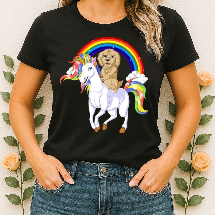 Goldendoodle Riding Unicorn Womens T-Shirt
