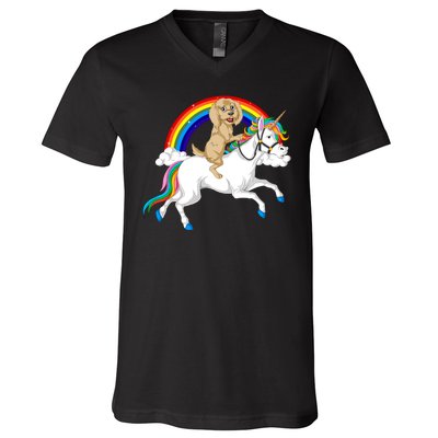 Goldendoodle Riding Unicorn V-Neck T-Shirt