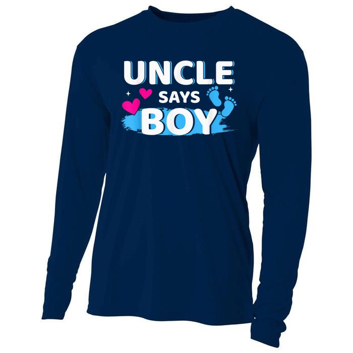  Gender reveal uncle says boy matching family baby party Cooling Performance Long Sleeve Crew