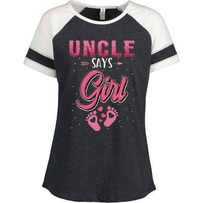 Gender reveal Uncle says baby matching family set Enza Ladies Jersey Colorblock Tee