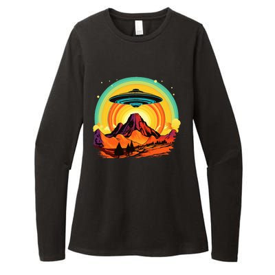 Groovy Retro UFO Alien Encounter Over Red Rock Formations Womens CVC Long Sleeve Shirt