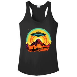 Groovy Retro UFO Alien Encounter Over Red Rock Formations Ladies PosiCharge Competitor Racerback Tank