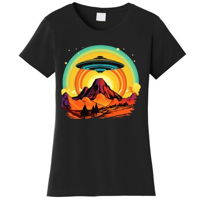 Groovy Retro UFO Alien Encounter Over Red Rock Formations Women's T-Shirt