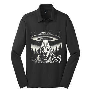 Golden Retrieve Ufo Funny Meme Selfie Silk Touch Performance Long Sleeve Polo