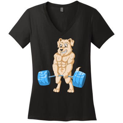 Golden Retriver Weightlifting Women's V-Neck T-Shirt