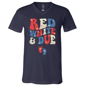 Groovy Red White And Due Baby Reveal 4th of July Matching V-Neck T-Shirt